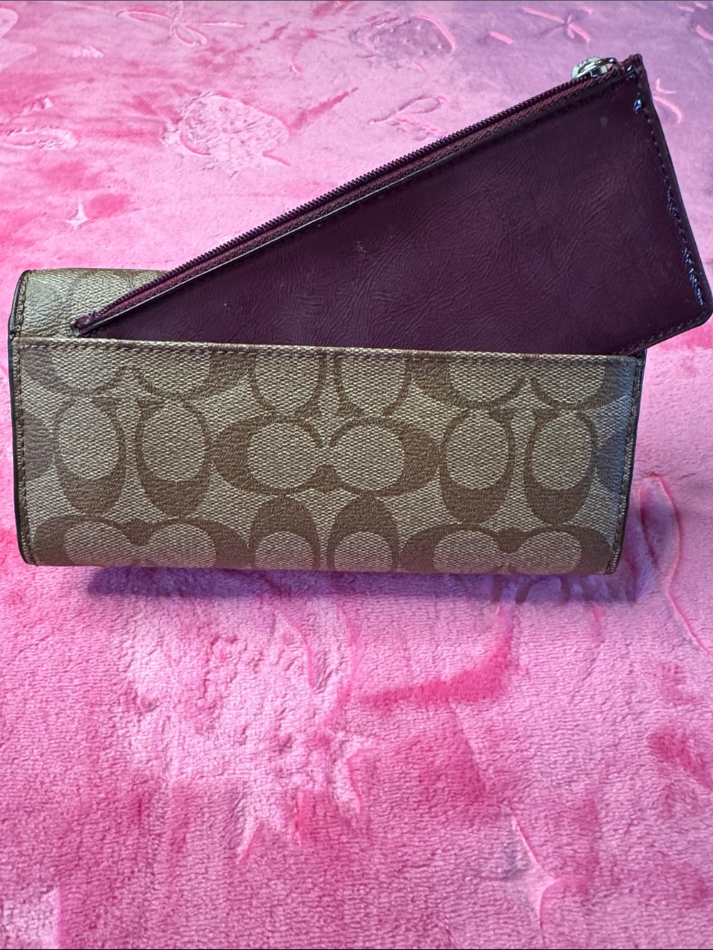 Coach Signature Khaki & Deep Purple Medium Snap Wallet + Matching Zipper Pouch - Picture 3 of 6